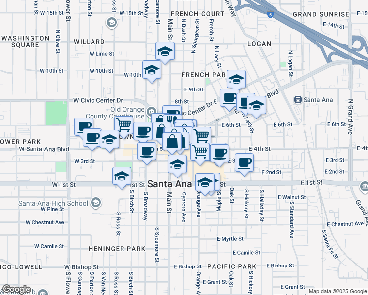 map of restaurants, bars, coffee shops, grocery stores, and more near 421 North Main Street in Santa Ana