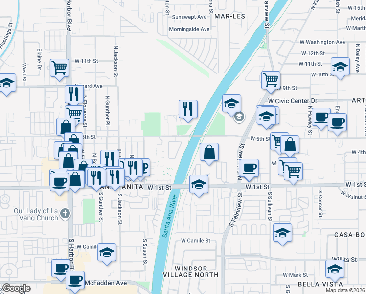 map of restaurants, bars, coffee shops, grocery stores, and more near 3028 Mary Common in Santa Ana