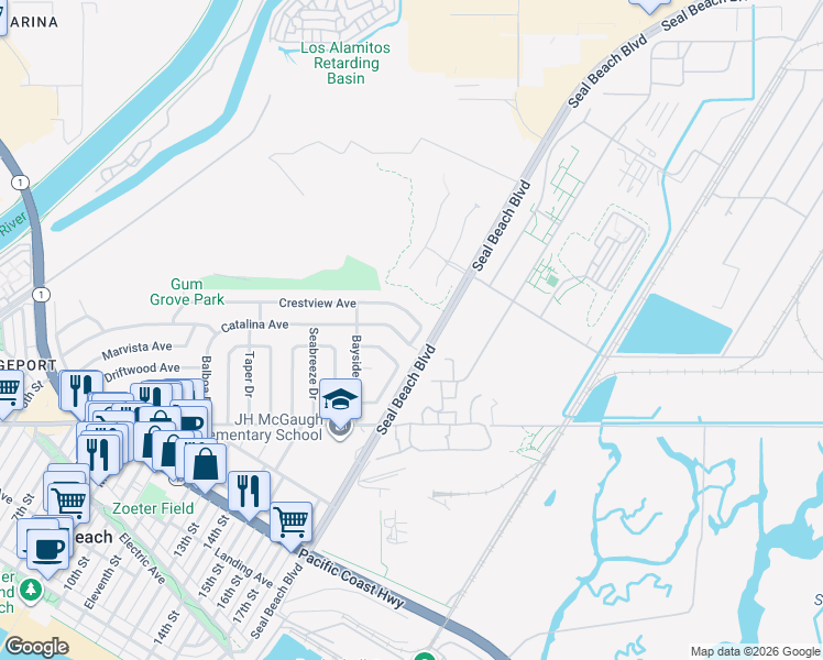 map of restaurants, bars, coffee shops, grocery stores, and more near 1725 Catalina Avenue in Seal Beach