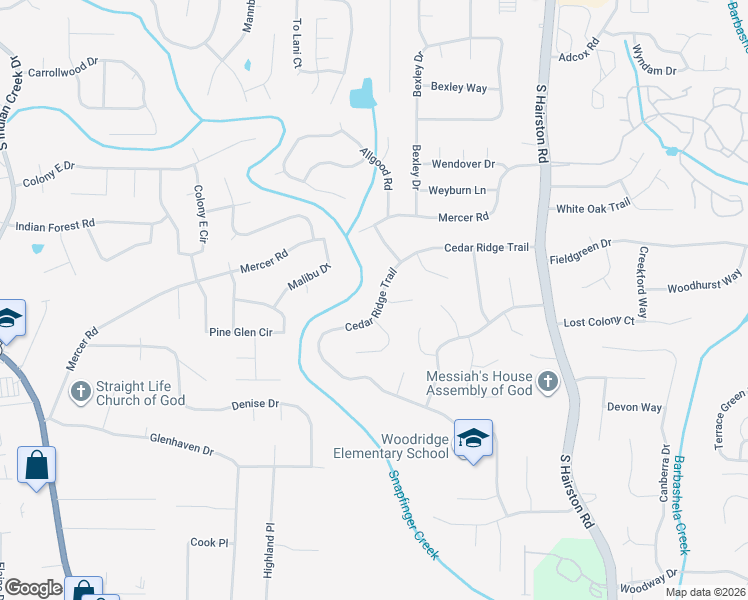 map of restaurants, bars, coffee shops, grocery stores, and more near 4501 Cedar Ridge Trail in Stone Mountain