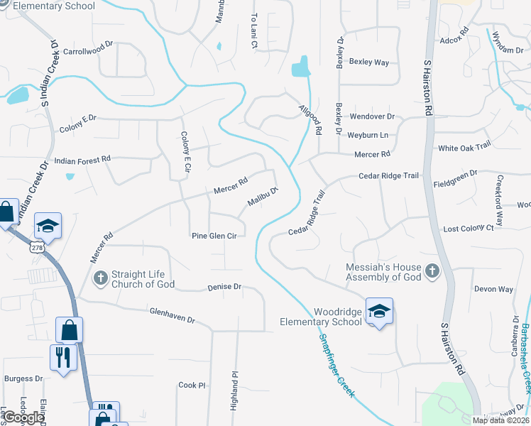 map of restaurants, bars, coffee shops, grocery stores, and more near 1508 Malibu Court in Decatur
