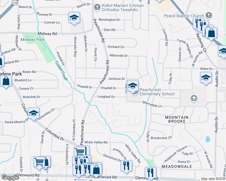 map of restaurants, bars, coffee shops, grocery stores, and more near 3442 Pinehill Drive in Decatur