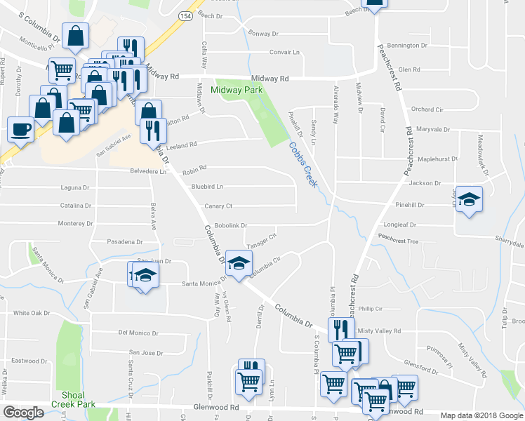 map of restaurants, bars, coffee shops, grocery stores, and more near 3207 Canary Court in Decatur