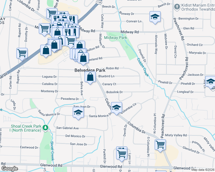 map of restaurants, bars, coffee shops, grocery stores, and more near 3150 Canary Court in Decatur