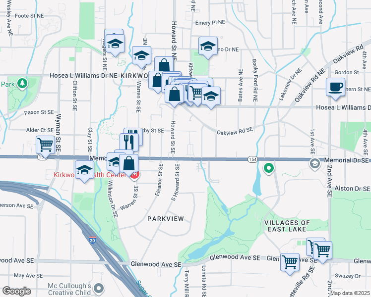 map of restaurants, bars, coffee shops, grocery stores, and more near 160 South Howard Street Southeast in Atlanta