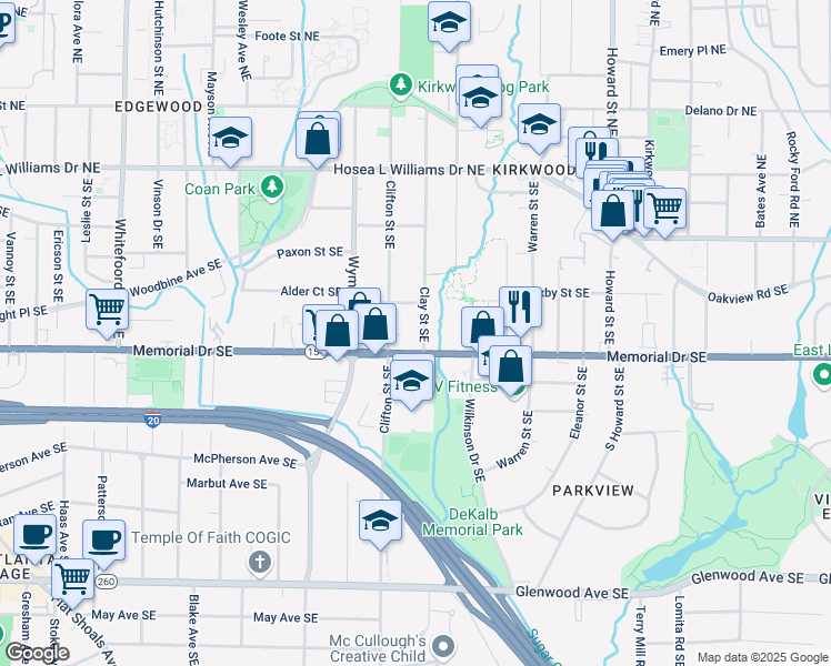 map of restaurants, bars, coffee shops, grocery stores, and more near 187 Clay Street Southeast in Atlanta