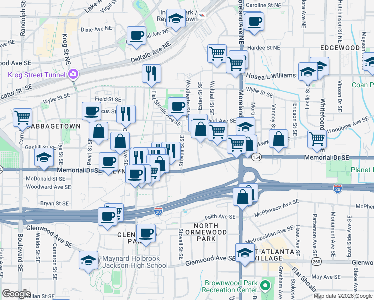 map of restaurants, bars, coffee shops, grocery stores, and more near 194 Stovall Street Southeast in Atlanta