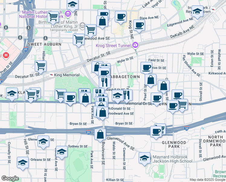 map of restaurants, bars, coffee shops, grocery stores, and more near in Atlanta