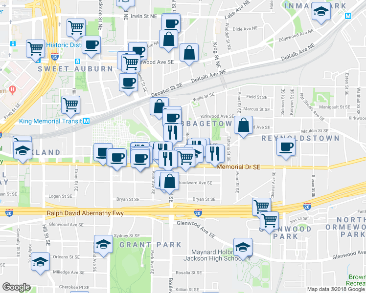 map of restaurants, bars, coffee shops, grocery stores, and more near in Atlanta