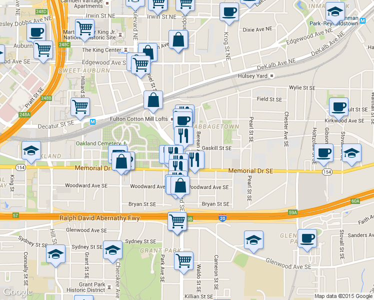 map of restaurants, bars, coffee shops, grocery stores, and more near in Atlanta