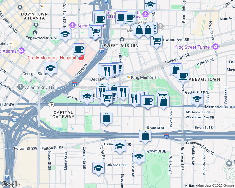 map of restaurants, bars, coffee shops, grocery stores, and more near 239 Grant Street Southeast in Atlanta