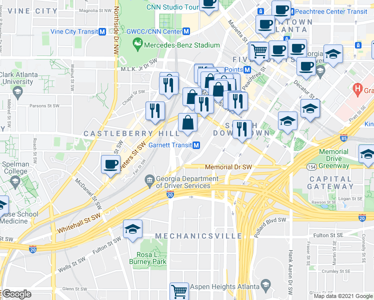 map of restaurants, bars, coffee shops, grocery stores, and more near 223 Garnett Street Southwest in Atlanta