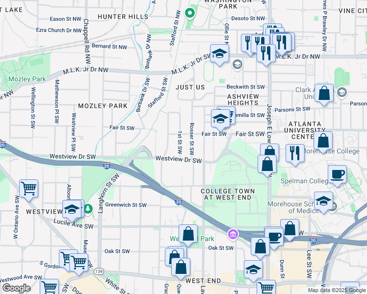 map of restaurants, bars, coffee shops, grocery stores, and more near 244 1st Street Southwest in Atlanta