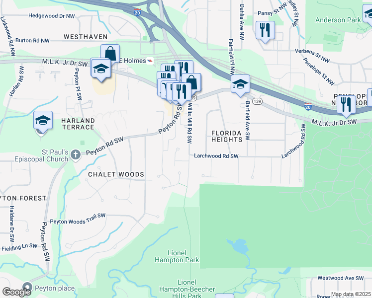 map of restaurants, bars, coffee shops, grocery stores, and more near 232 Willis Mill Road Southwest in Atlanta