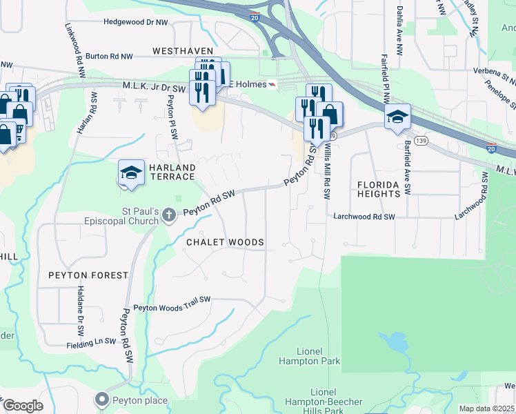 map of restaurants, bars, coffee shops, grocery stores, and more near 275 Cativo Drive Southwest in Atlanta
