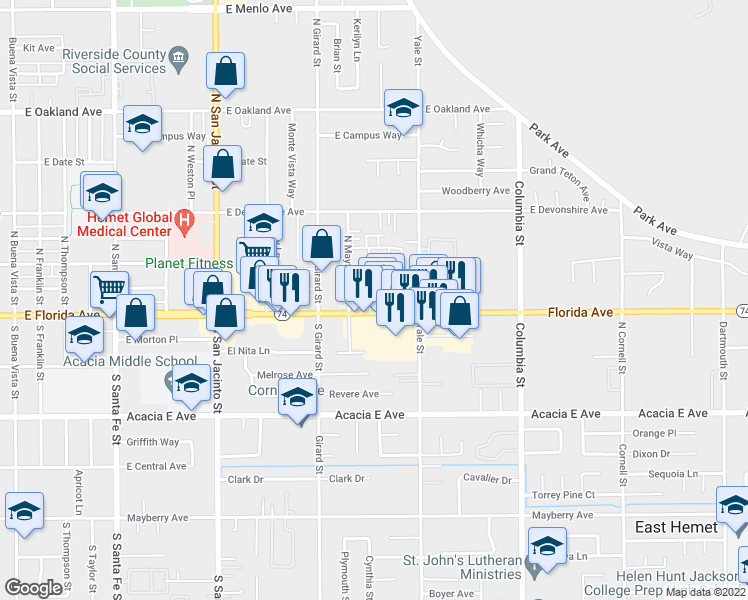 map of restaurants, bars, coffee shops, grocery stores, and more near 1908 East Florida Avenue in Hemet