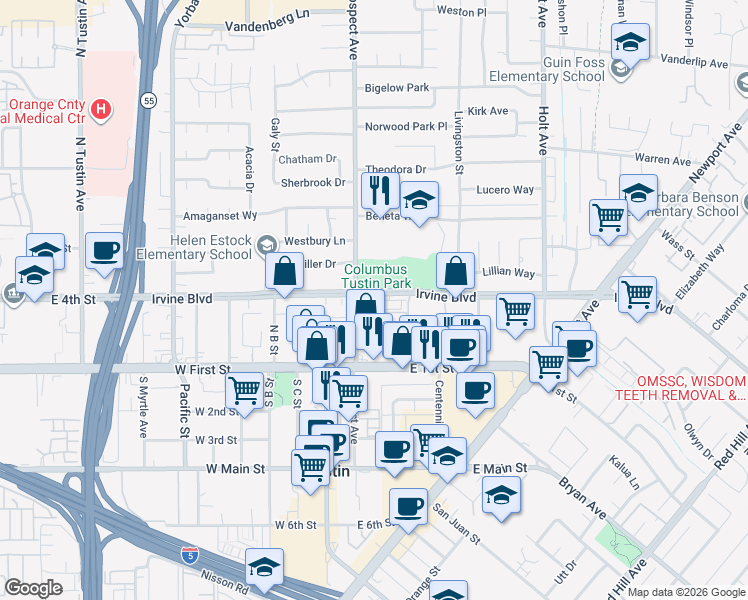 map of restaurants, bars, coffee shops, grocery stores, and more near in Tustin