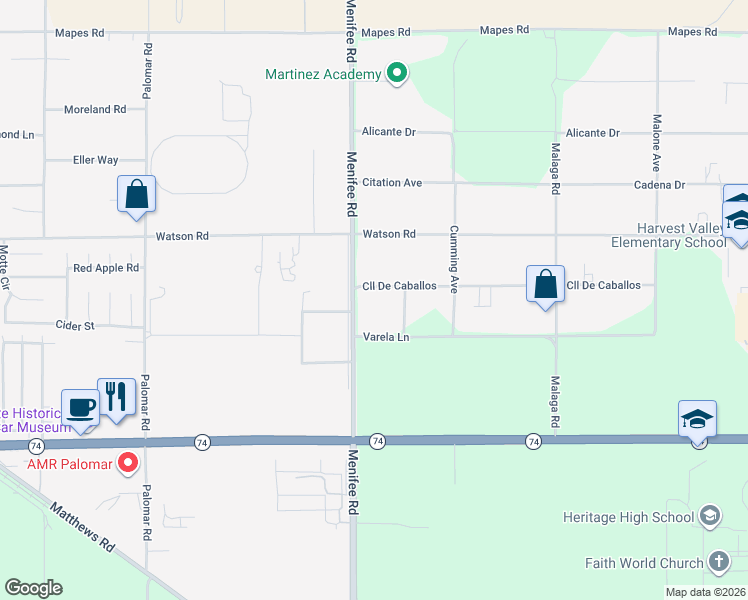 map of restaurants, bars, coffee shops, grocery stores, and more near 29041 Calle De Caballos in Menifee
