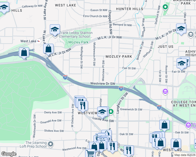 map of restaurants, bars, coffee shops, grocery stores, and more near 255 Altoona Place Southwest in Atlanta