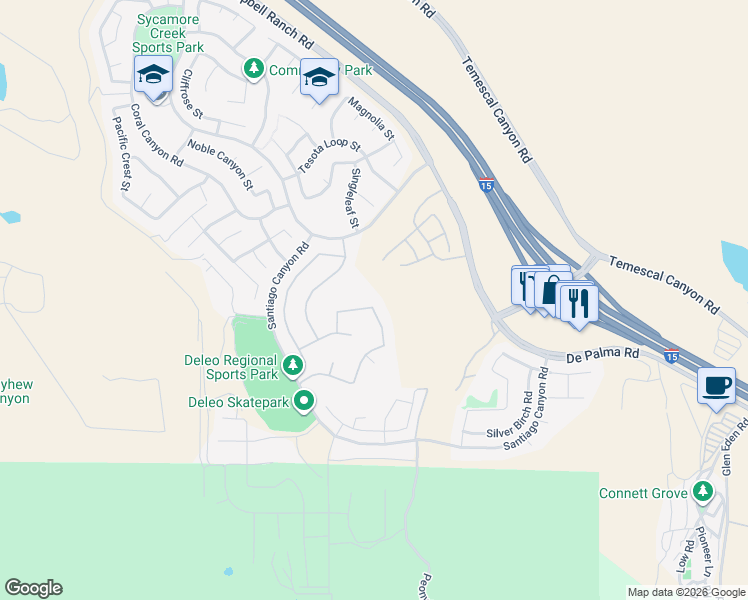 map of restaurants, bars, coffee shops, grocery stores, and more near 11400 Bluebird Way in Corona