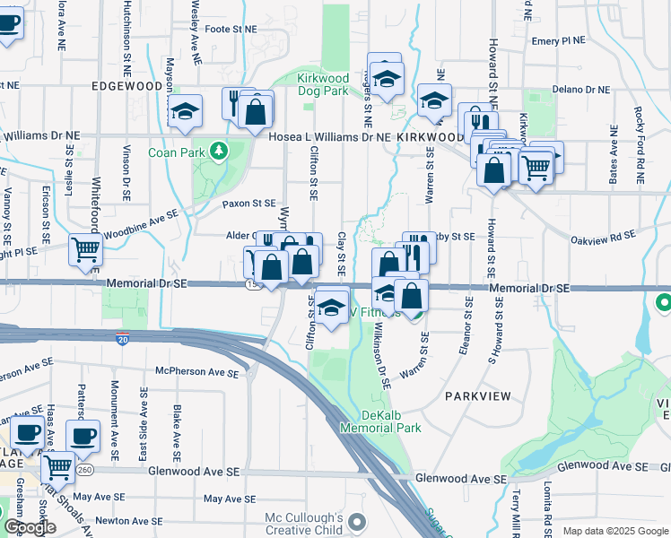 map of restaurants, bars, coffee shops, grocery stores, and more near 187 Clay Street Southeast in Atlanta