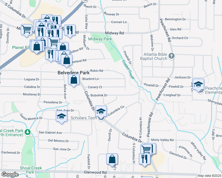 map of restaurants, bars, coffee shops, grocery stores, and more near 3207 Canary Court in Decatur