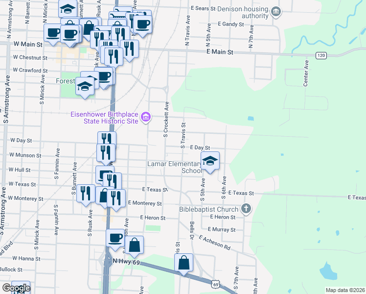 map of restaurants, bars, coffee shops, grocery stores, and more near 800 South Travis Avenue in Denison