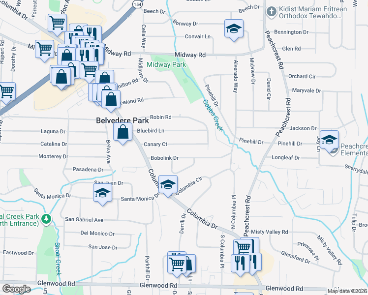 map of restaurants, bars, coffee shops, grocery stores, and more near 3207 Canary Court in Decatur
