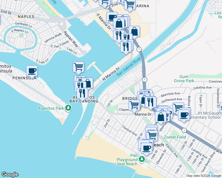 map of restaurants, bars, coffee shops, grocery stores, and more near 41 Riversea Road in Seal Beach