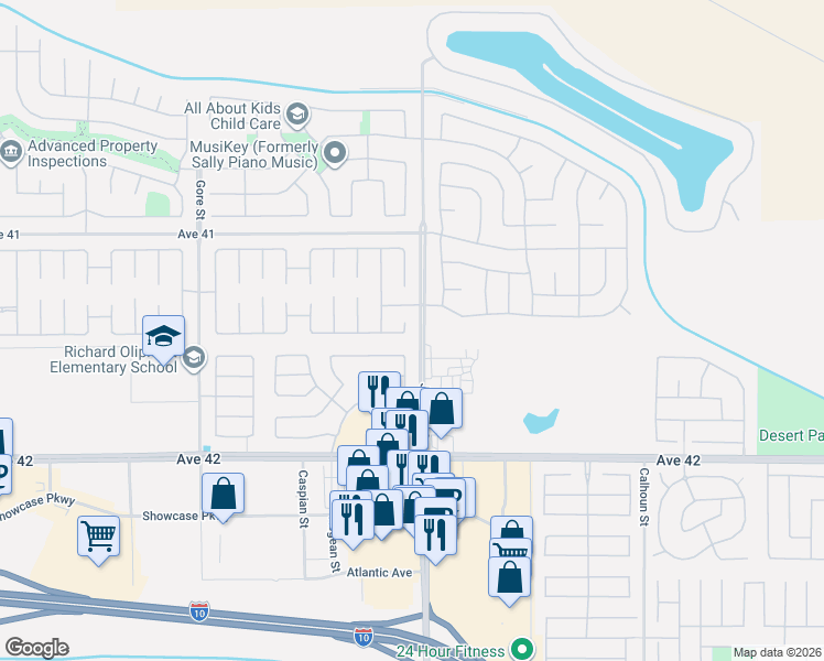 map of restaurants, bars, coffee shops, grocery stores, and more near 41404 Stafford Court in Indio