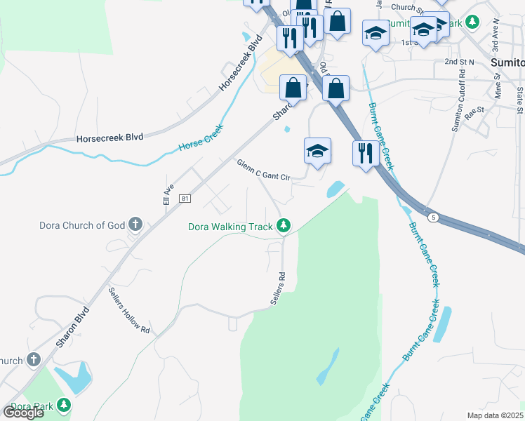 map of restaurants, bars, coffee shops, grocery stores, and more near 57 Abingdon Way in Dora