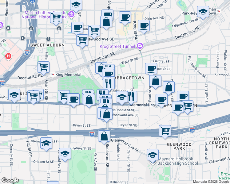 map of restaurants, bars, coffee shops, grocery stores, and more near 619 Gaskill Street Southeast in Atlanta