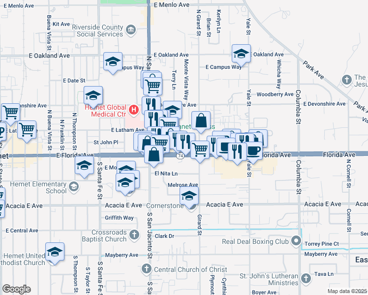 map of restaurants, bars, coffee shops, grocery stores, and more near 1600 East Florida Avenue in Hemet