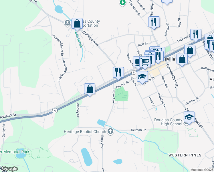 map of restaurants, bars, coffee shops, grocery stores, and more near 6926 Bankhead Highway in Douglasville