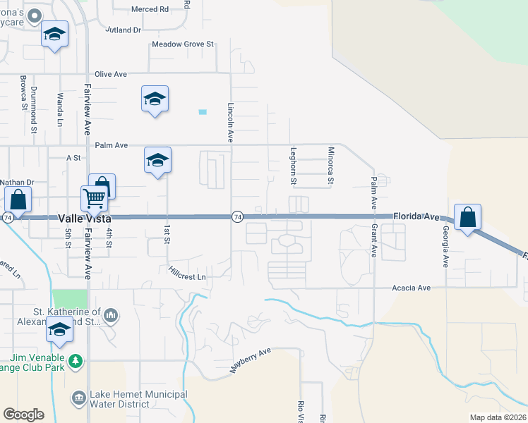 map of restaurants, bars, coffee shops, grocery stores, and more near 44618 California 74 in Hemet