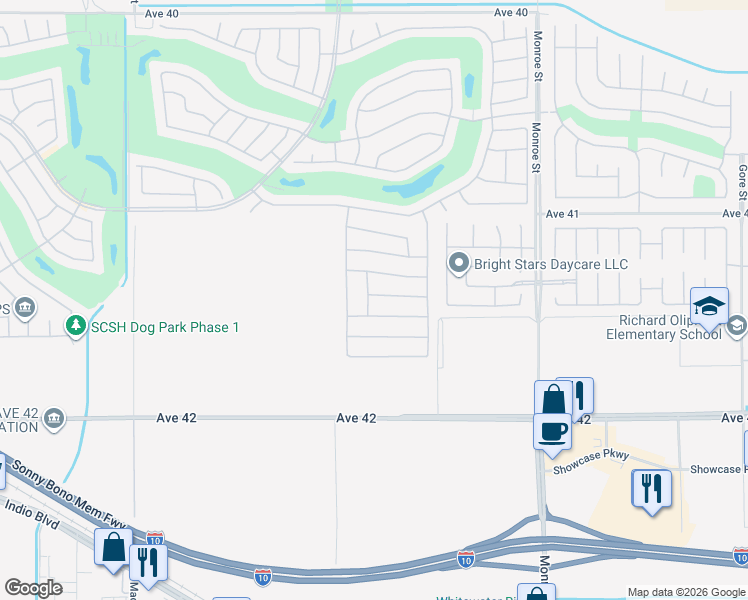 map of restaurants, bars, coffee shops, grocery stores, and more near 81595 Avenida Alturas in Indio