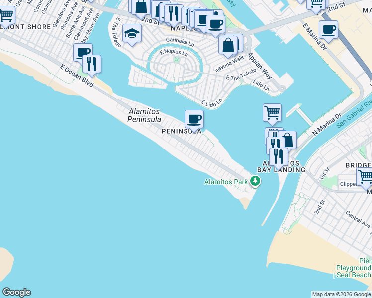 map of restaurants, bars, coffee shops, grocery stores, and more near 22 62nd Place in Long Beach