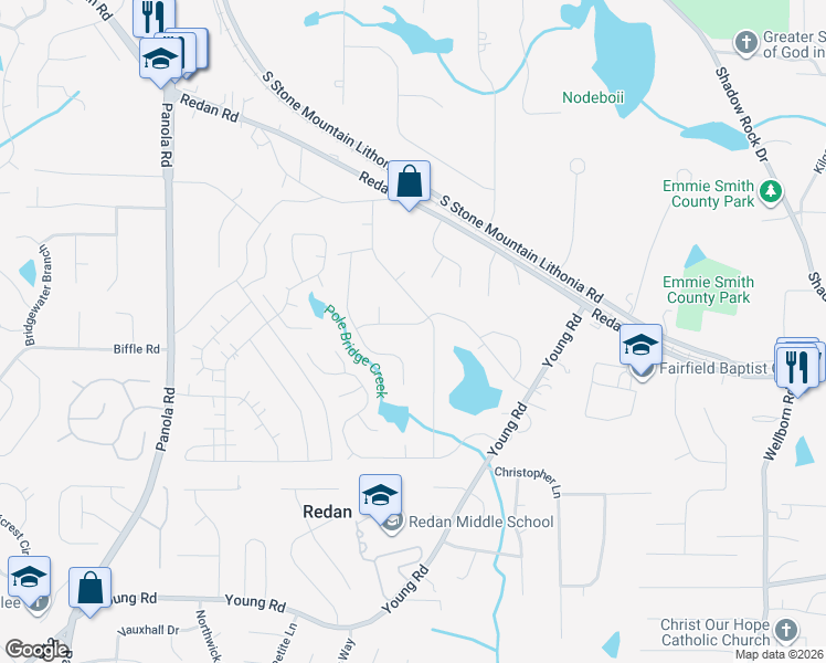 map of restaurants, bars, coffee shops, grocery stores, and more near 5689 Albans Way in Lithonia