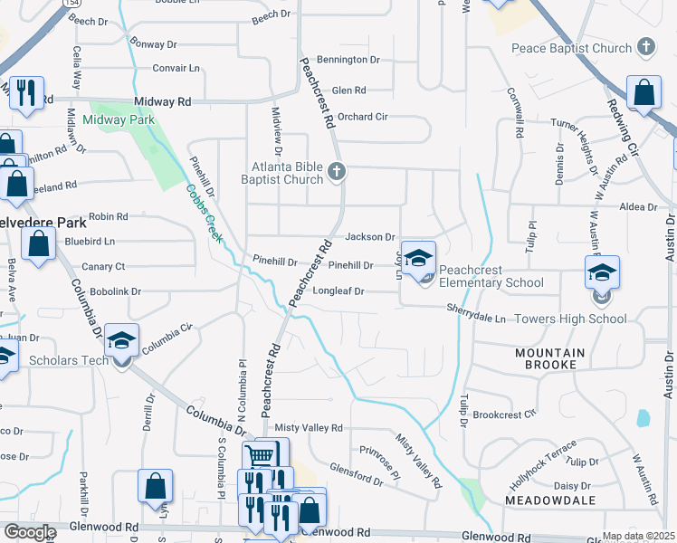 map of restaurants, bars, coffee shops, grocery stores, and more near 3425 Pinehill Drive in Decatur