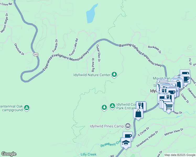 map of restaurants, bars, coffee shops, grocery stores, and more near 53705 Silver Fir Drive in Idyllwild-Pine Cove