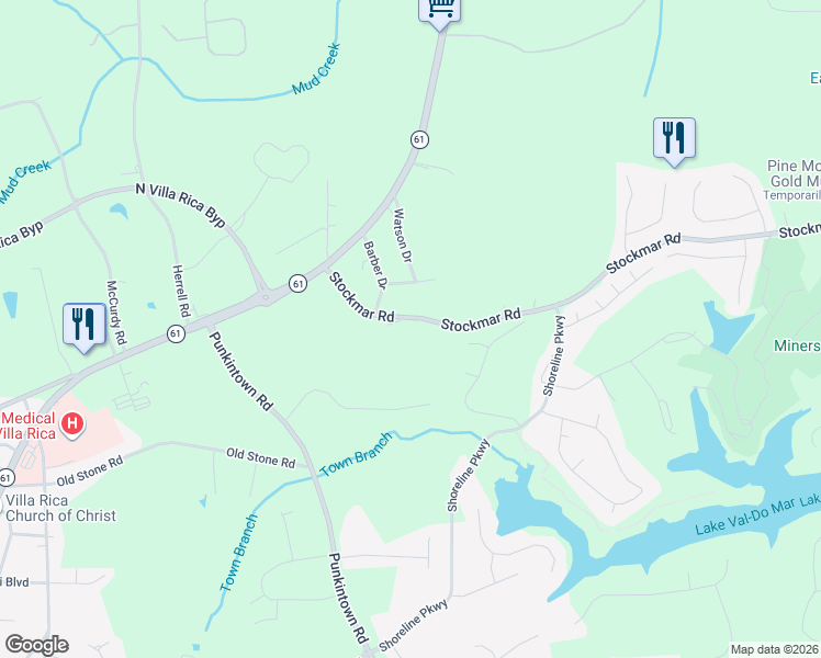 map of restaurants, bars, coffee shops, grocery stores, and more near 138 Stockmar Road in Villa Rica