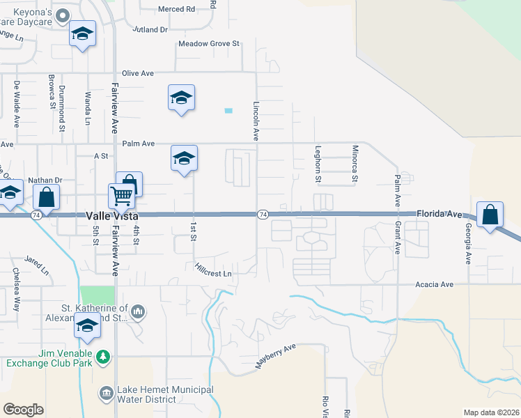 map of restaurants, bars, coffee shops, grocery stores, and more near 44518 California 74 in Hemet