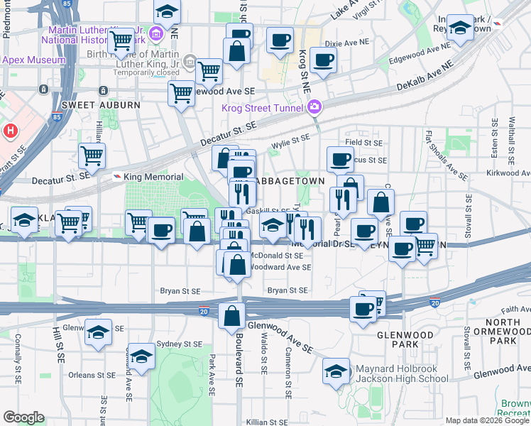map of restaurants, bars, coffee shops, grocery stores, and more near in Atlanta