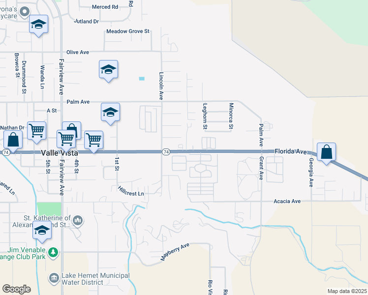map of restaurants, bars, coffee shops, grocery stores, and more near 44618 California 74 in Hemet