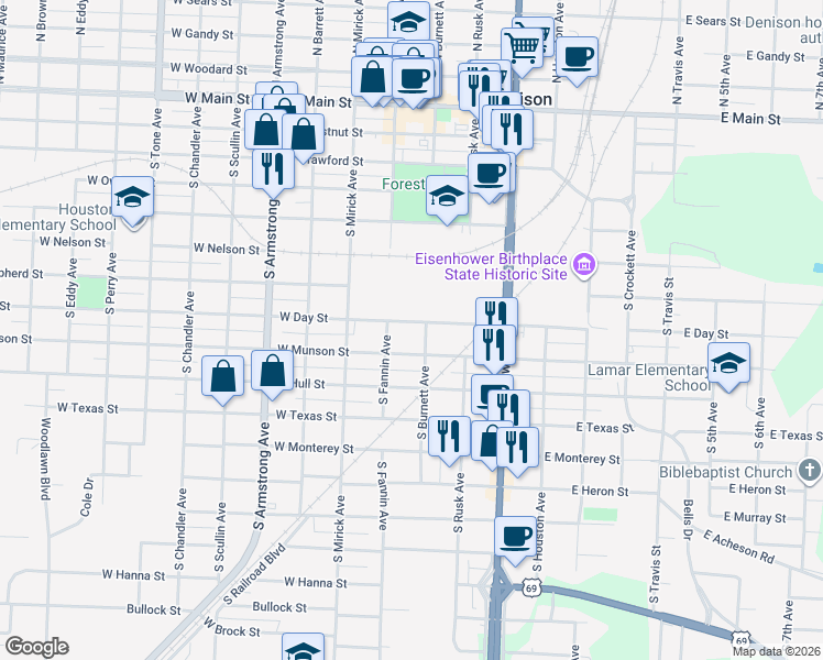 map of restaurants, bars, coffee shops, grocery stores, and more near 426 West Day Street in Denison