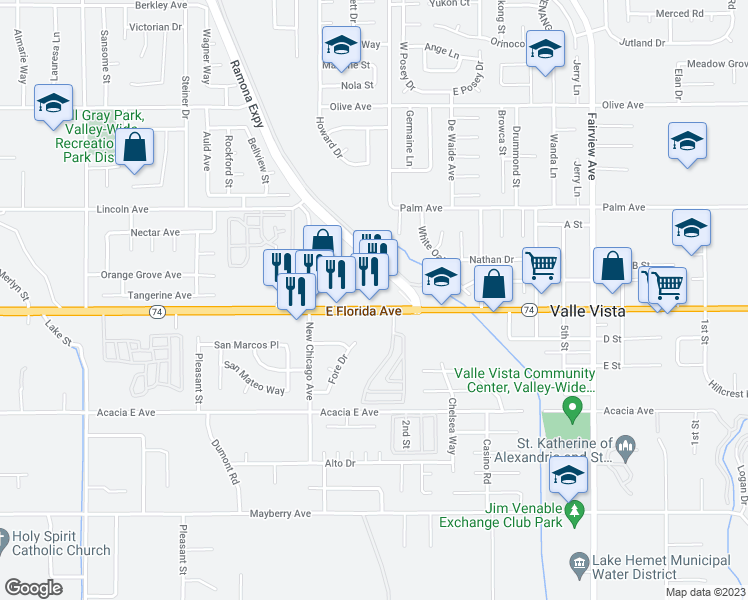 map of restaurants, bars, coffee shops, grocery stores, and more near 43466 California 74 in Hemet