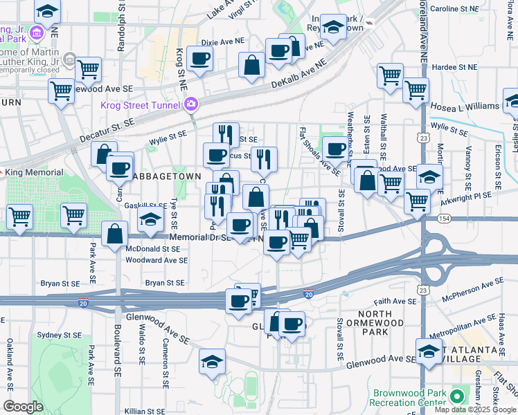 map of restaurants, bars, coffee shops, grocery stores, and more near 225 Chester Avenue Southeast in Atlanta