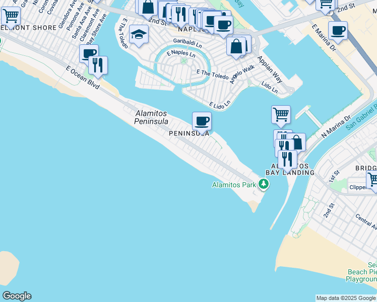 map of restaurants, bars, coffee shops, grocery stores, and more near 18 61st Place in Long Beach