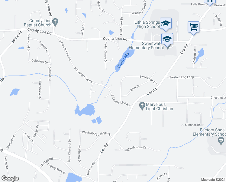 map of restaurants, bars, coffee shops, grocery stores, and more near 2130 South County Line Road in Lithia Springs