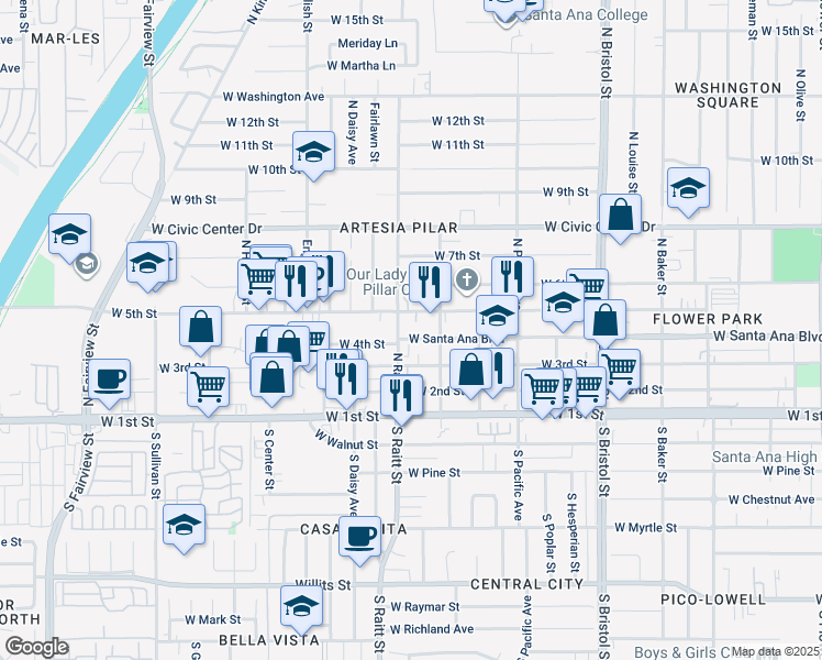 map of restaurants, bars, coffee shops, grocery stores, and more near 1727 West Santa Ana Boulevard in Santa Ana